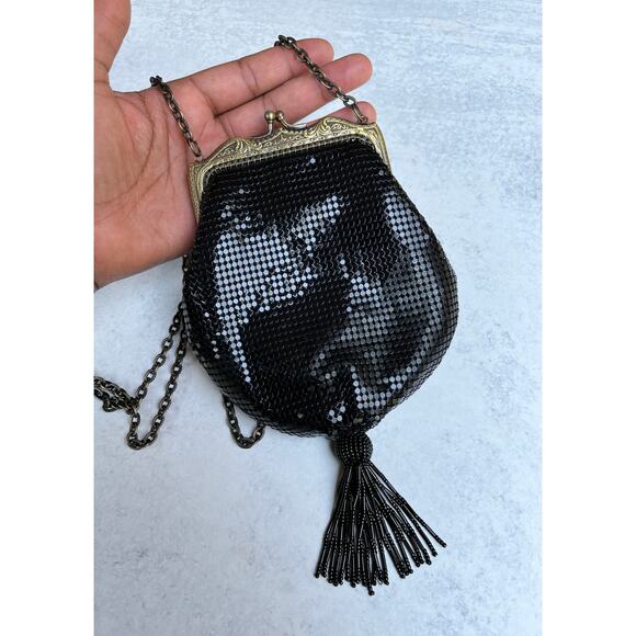 Whiting & Davis Black Mesh Evening Bag with Tassel and Long Chain - Picture 1 of 9
